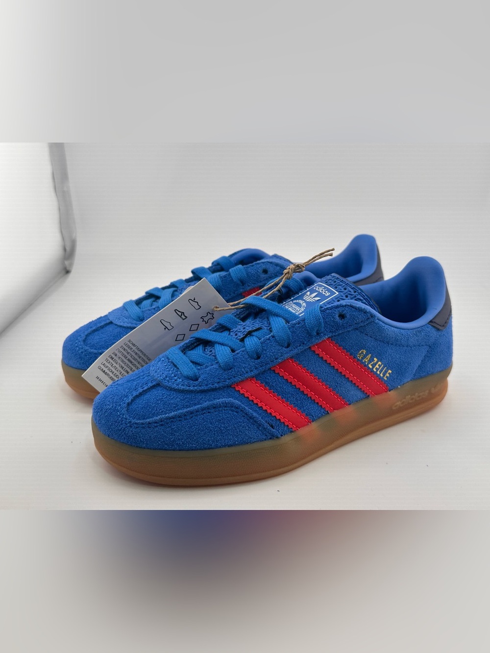 adidas Kids Gazelle Sneakers in Blue with Red Stripes and Gum Sole